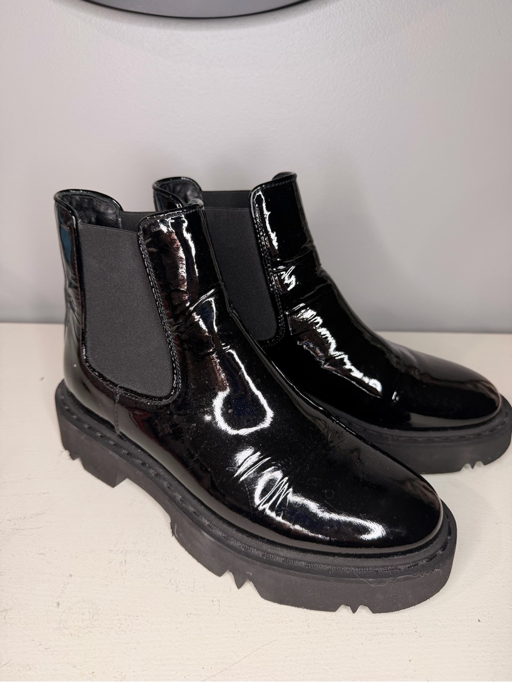 Aquatalia Black Patent Chelsea Lug Ankle Boots